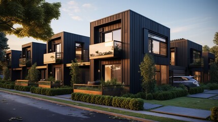 Fototapeta na wymiar Contemporary modular black townhouses with a private design. Exterior showcasing modern residential architecture