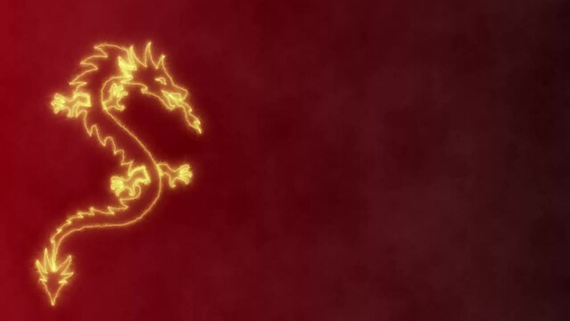 Fire dragon on dark red background with smoke ,with free space on the right . Animation of a dragon for the holiday of the new year.