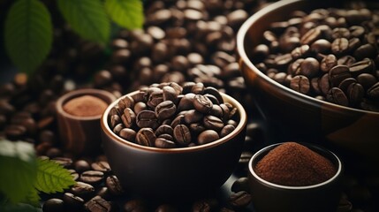 Fototapeta premium Cinematic photo, top shot, coffee beans with a coffee plant and coffee specialties,