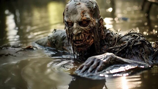 The zombie lies motionless in a puddle of murky water its skin rotting and mottled Fantasy art concept.