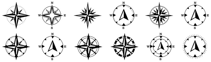 wind rose compass icons set. Vintage marine wind rose, nautical chart. Monochrome navigational compass with cardinal directions of North, East, South, West. Geographical position, cartography and navi - obrazy, fototapety, plakaty