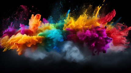 black background with launched colorful powder - obrazy, fototapety, plakaty