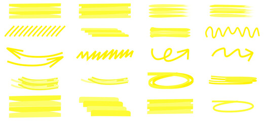 Yellow marker brush lines. Highlighter underline scribbles. Paint pen handdrawn strokes. Vector illustration of grunge freehand watercolor ink pencil marks - obrazy, fototapety, plakaty