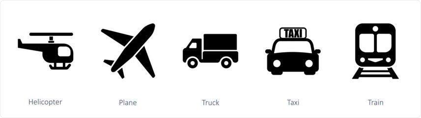 A set of 5 mix icons as helicopter, plane, truck