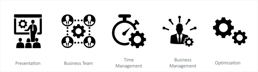 A set of 5 mix icons as presentation, business team, time management