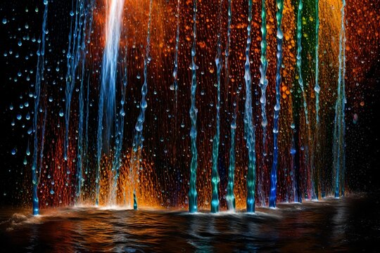 Prismatic Plunge: Waterfall droplets catching the light in a prismatic display, creating a vibrant and colorful spectacle © Sajjad