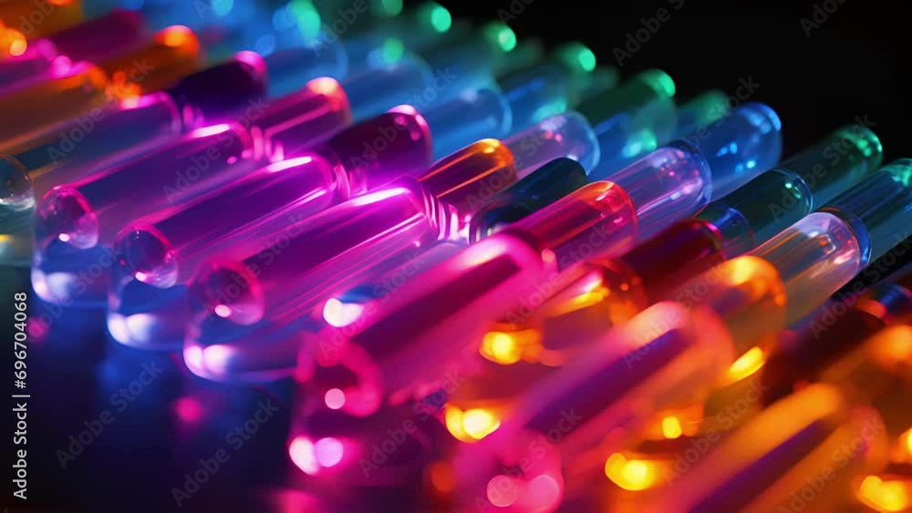 Poster a colorful closeup of a quantum dots luminescence, showing its ability to emit light of different wa