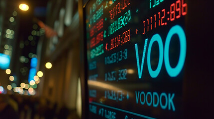 A financial photo displaying a stock market ticker with the text "VOO" written on the screen