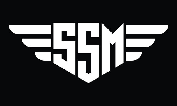 SSM three letter logo, creative wings shape logo design vector template. letter mark, wordmark, monogram symbol on black & white.	