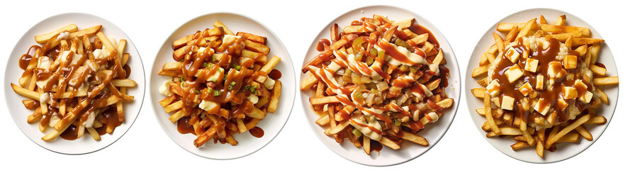 top view of plates with Poutine - obrazy, fototapety, plakaty