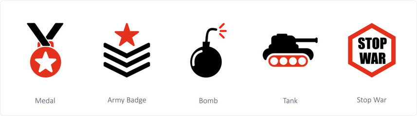 A set of 5 mix icons as medal, army badge, bomb