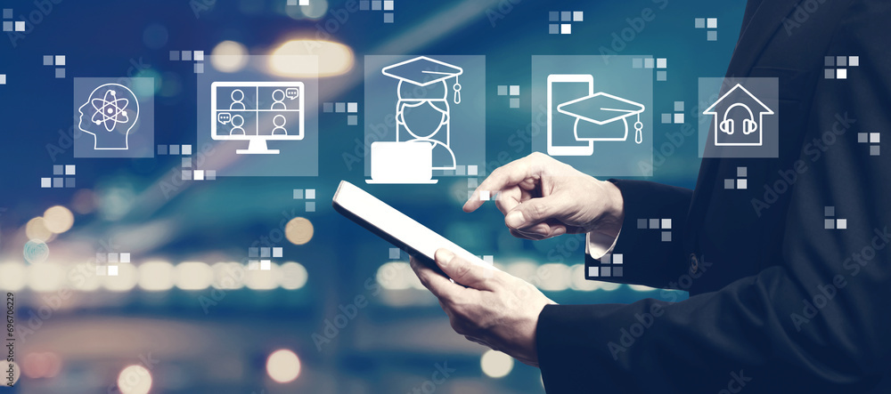 Aufkleber distance learning theme with businessman using a tablet computer
