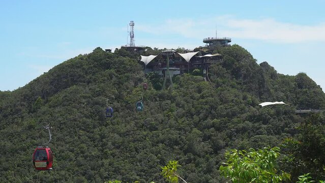 Cable cars ride steel cable up and down jungle mountain on Langkawi