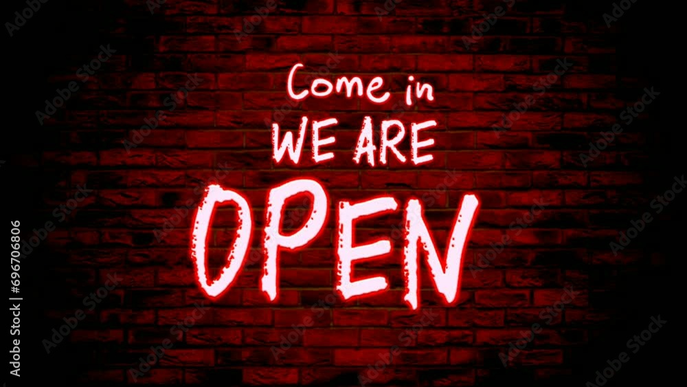 Poster come in we are open neon light text animation motion graphics with brick wall background.red color n