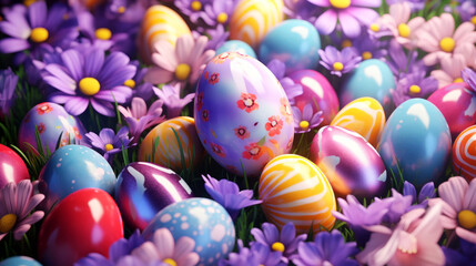 Colorful easter eggs with flowers background. Celebration of religious holidays and Happy Easter background concept.
 - obrazy, fototapety, plakaty