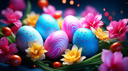 Fototapeta premium Colorful easter eggs with flowers background. Celebration of religious holidays and Happy Easter background concept. 