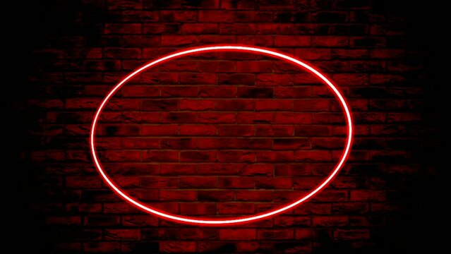 Neon light red ellipse border frame animation motion graphics on brick wall background.modern frame bulb on brick wall with blank copy space video elements
