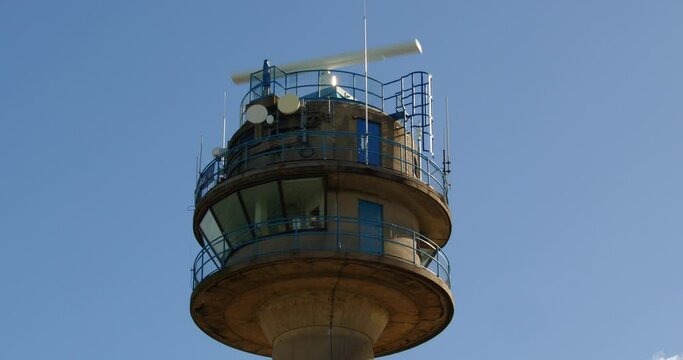 Looking up at National Coastwatch Institution, Calshot Tower Lookout Station at Calshot spit