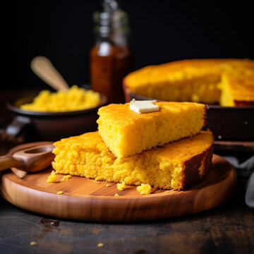 Loafs of Skillet Cornbread on the cutting board, super realistic food photo