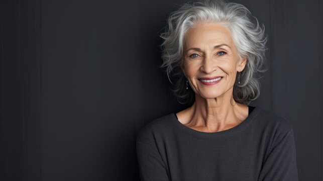 The close-up portrait of a lovely older woman showcases her warm smile against the backdrop of a grey wall.