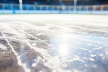 Ice on the ice of a hockey field. Blur background, Close-up of ice in a hockey rink, AI Generated