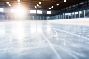Blurred ice hockey rink background. Ice hockey sport background. Blur ice hockey rink background, Close-up of ice in a hockey rink, AI Generated - obrazy, fototapety, plakaty