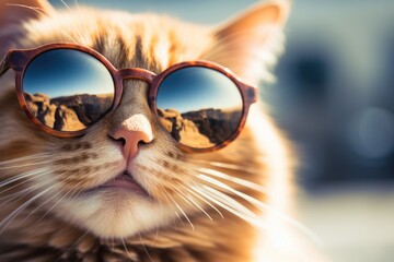Close up of a cat wearing sunglasses and looking at the camera, Close-up portrait of a ginger cat wearing sunglasses, AI Generated