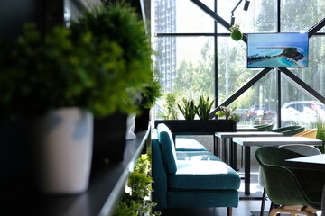 Interior of a modern urban restaurant in the morning sunlight day
