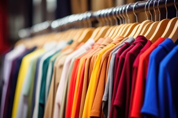 Fototapeta premium Colorful shirts on hangers in fashion store, shallow depth of field, Clothing on hangers in a fashion store, Shallow depth of field, AI Generated