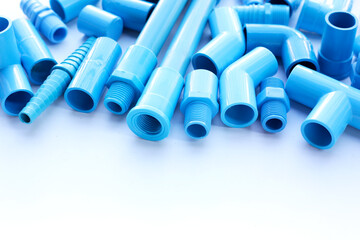 Blue pvc pipe connections for plumbing work. Plumber equipment