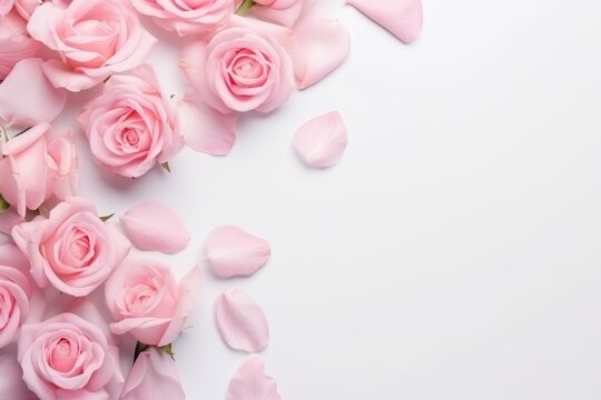pink and white rose petals on white background with copy space, Close-up of blooming pink roses flowers and petals isolated on a white table background with empty space, AI Generated