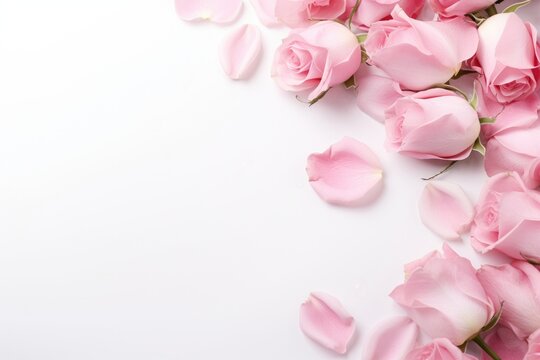 pink rose petals on white background with copy space for text, Close-up of blooming pink roses flowers and petals isolated on a white table background with empty space, AI Generated
