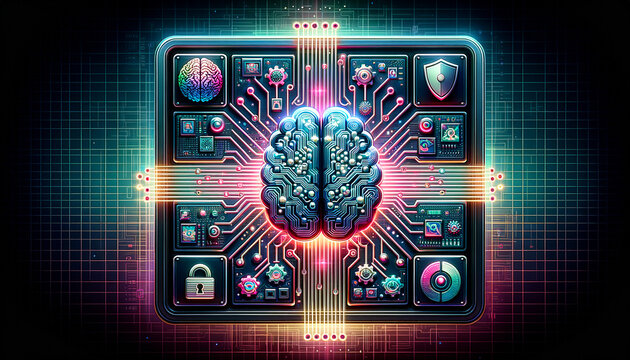 Retro cyber AI: Futuristic digital brain with 90s aesthetics and cybersecurity elements.