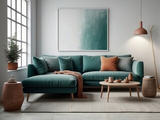 Fototapeta na wymiar Teal sofa and terra cotta armchair against white wall, Scandinavian style home interior design