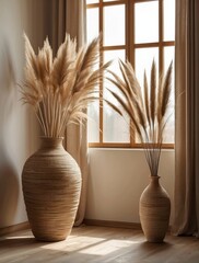 Fototapeta na wymiar Round wooden chair and vase with pampas grass against window near beige stucco wall with copy space