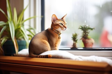 abyssinian cat on a cushioned bay window seat - obrazy, fototapety, plakaty