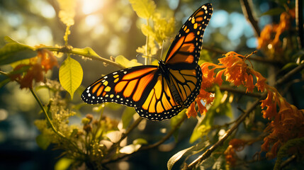 Monarch orange butterfly , open wings , and bright summer flowers on a background of green foliage in a fairy garden. Macro artistic image.
