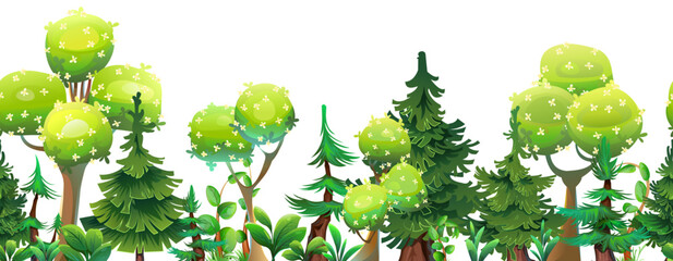 Forest with coniferous and deciduous trees. Picture horizontally seamless. Object isolated on white background. Cartoon fun style Illustration vector