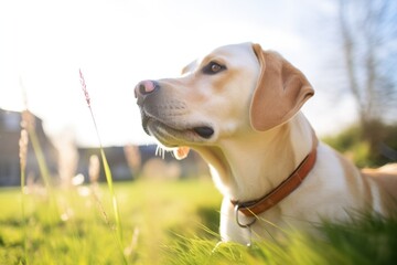 labrador enjoying sun on grass patch