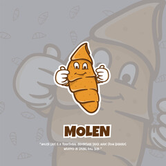 Molen mascot from indonesia street food design with raising two heart's finger for campaign design