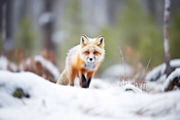 Naklejka na ściany i meble red fox standing alert in a snowy forest clearing