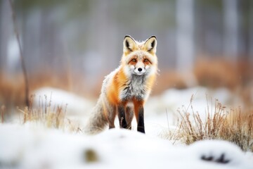 red fox standing alert in a snowy forest clearing