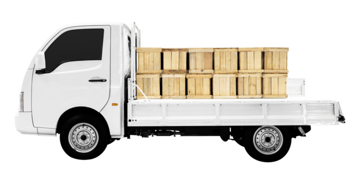 Side view white truck with wooden crates on back of truck