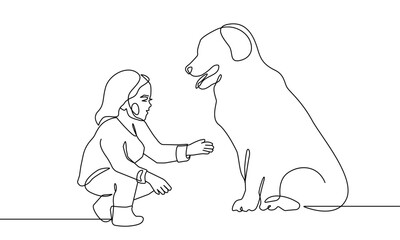 Walking with Dog Continuous Line Drawing. Girl and Dog Black Lines Drawing on White Background. Cute Pet with Cute Girl Minimalist Illustration. Modern Scandinavian Design. Vector EPS 10