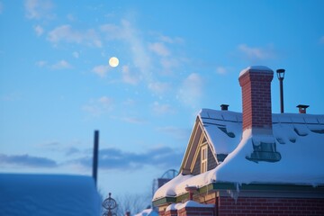 moonlit snowy rooftop with chimney and rising smoke silhouette - obrazy, fototapety, plakaty