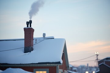 moonlit snowy rooftop with chimney and rising smoke silhouette - obrazy, fototapety, plakaty