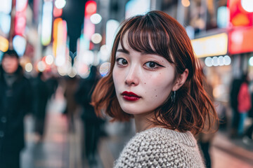 Portrait of a young Asian woman in a city street