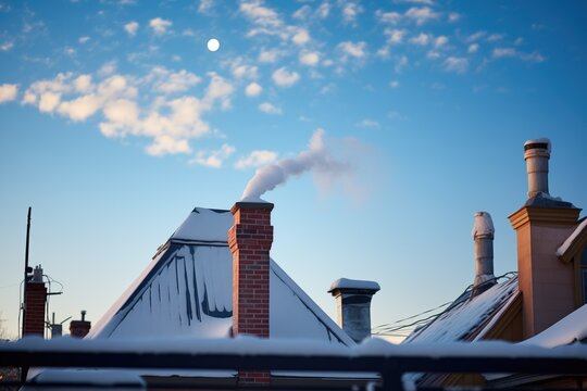 moonlit snowy rooftop with chimney and rising smoke silhouette