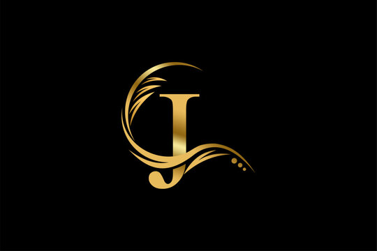 Gold letter J logo design with beautiful leaf, flower and feather ornaments. initial letter J. monogram J flourish. suitable for logos for boutiques, businesses, companies, beauty, offices, spas, etc