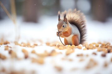 squirrel munching on pine nuts in the snow - obrazy, fototapety, plakaty